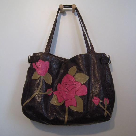 COPY - Magenta Rose Garden On Dark Brown Leather Bag - Picture 2 of 7